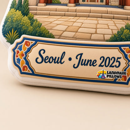 Gyeongbokgung Pillow â€” personalization plaque detail