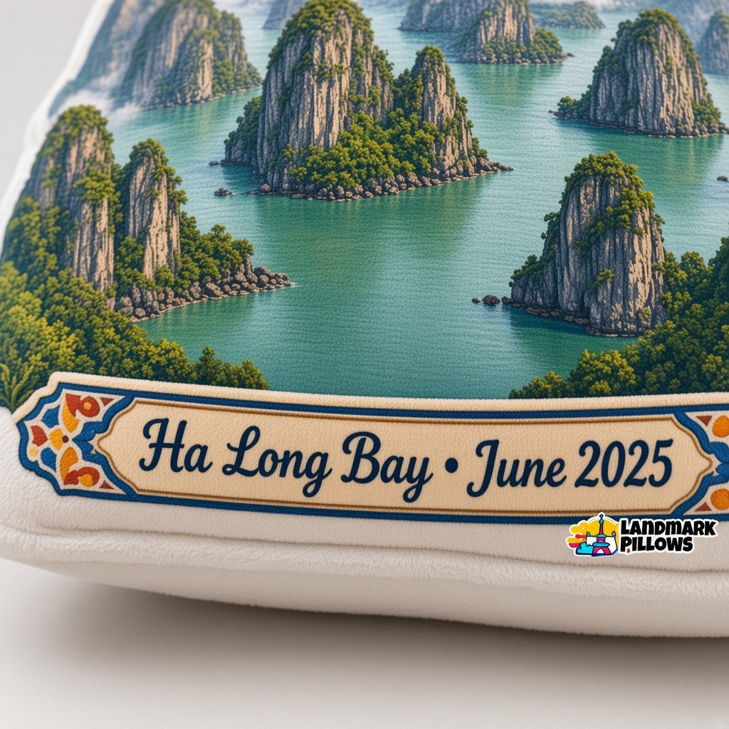 Ha Long Bay Pillow — personalization plaque detail
