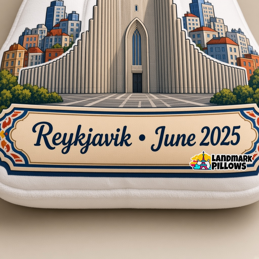 Close-up of the Reykjavik plaque on the Hallgrímskirkja pillow