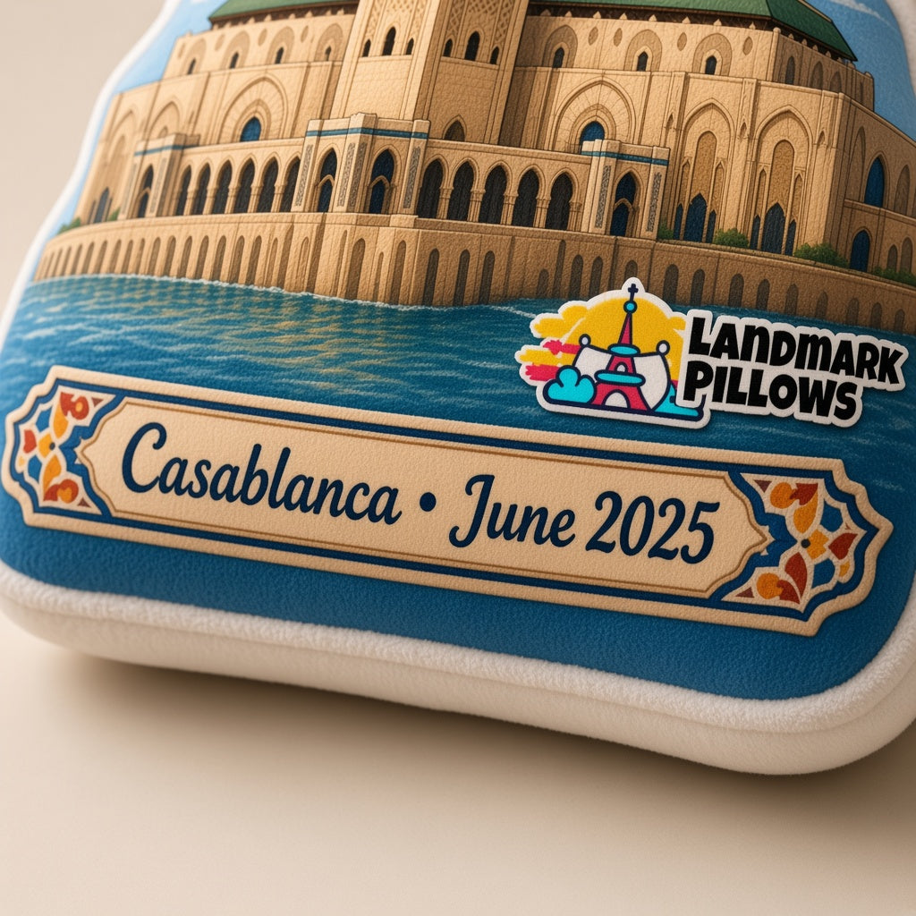 Hassan II Mosque Pillow — personalization plaque detail