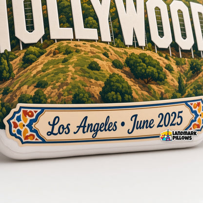 Hollywood Sign Pillow — personalization plaque detail