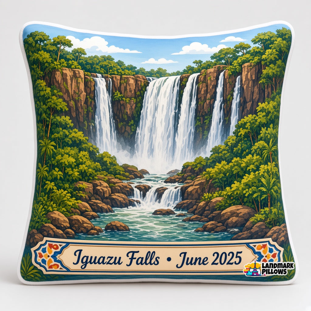 Iguazu Falls Pillow — personalization plaque detail