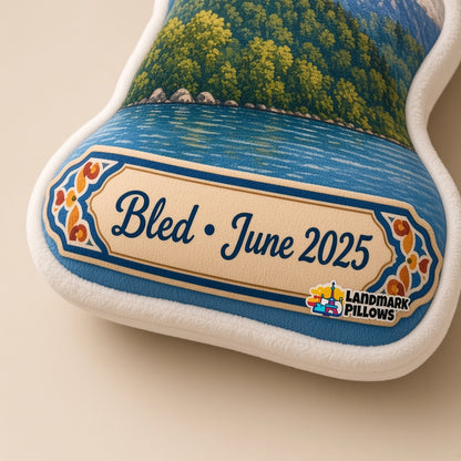 Lake Bled Pillow â€” personalization plaque detail