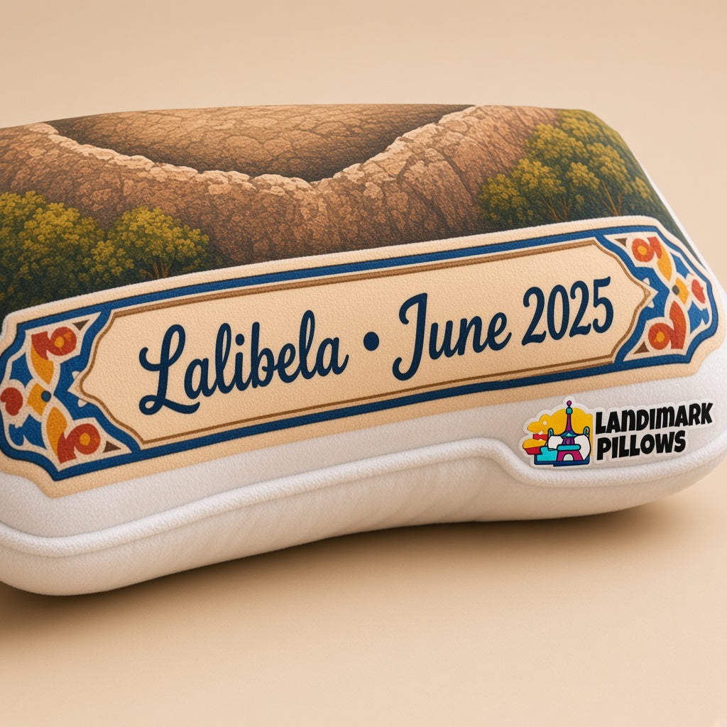 Lalibela Churches Pillow â€” personalization plaque detail