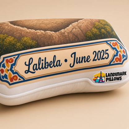 Lalibela Churches Pillow â€” personalization plaque detail