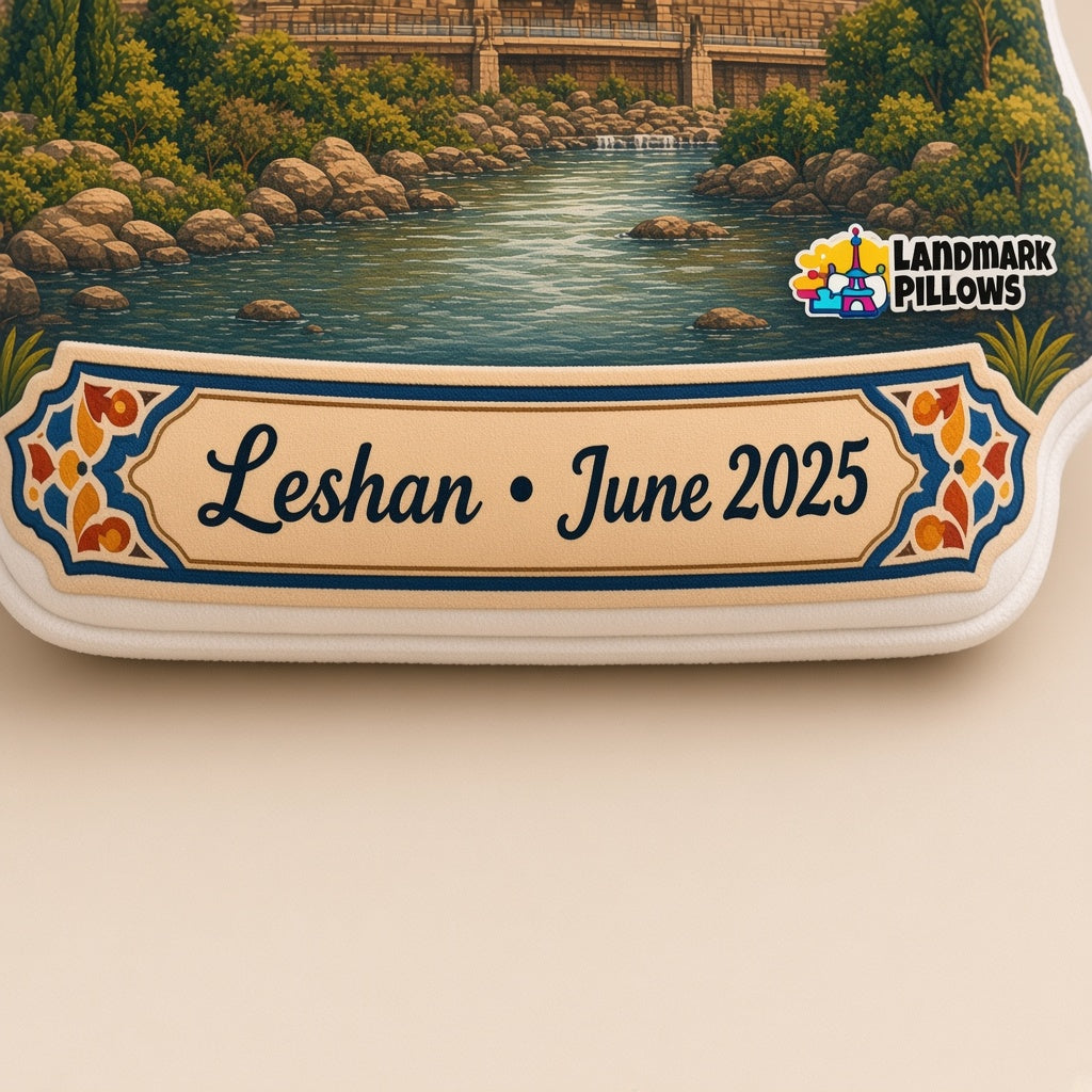 Leshan Giant Buddha Pillow â€” personalization plaque detail