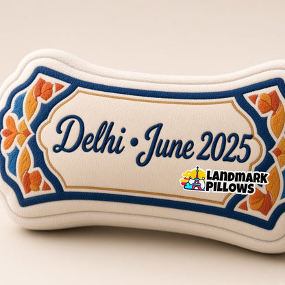 Lotus Temple Pillow — personalization plaque detail