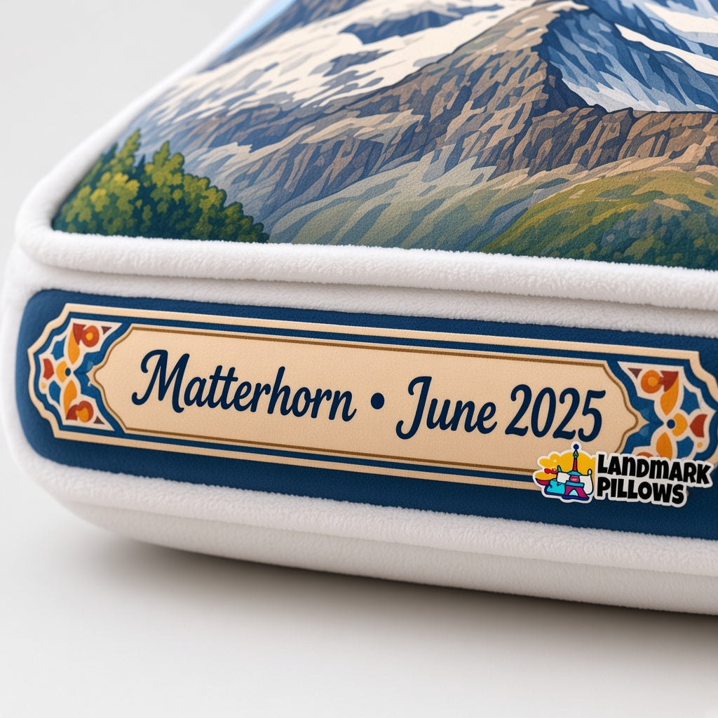 Matterhorn Pillow — personalization plaque detail