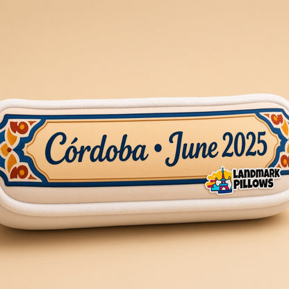 Mezquita-Cathedral of Córdoba Pillow â€” personalization plaque detail