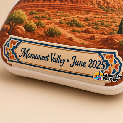Monument Valley Pillow â€” personalization plaque detail