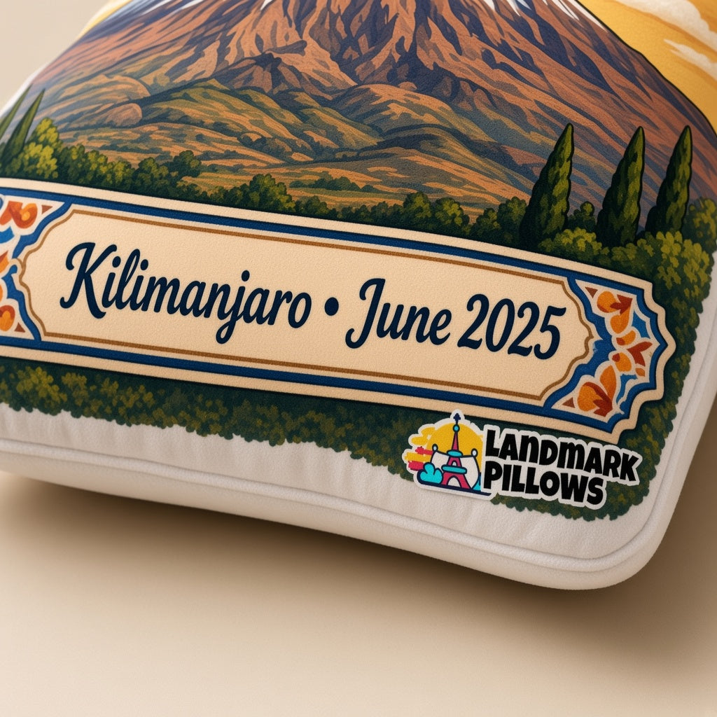 Mount Kilimanjaro Pillow — personalization plaque detail