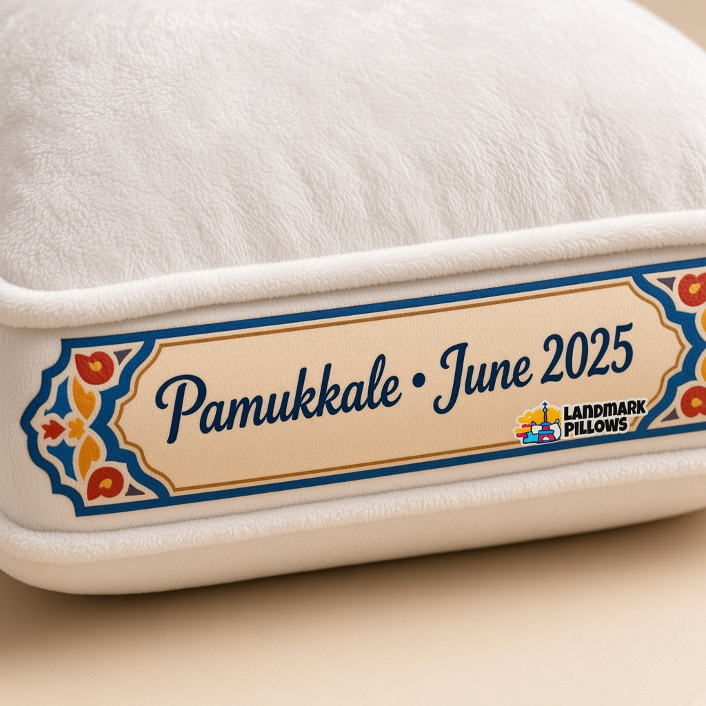 Pamukkale Pillow â€” personalization plaque detail
