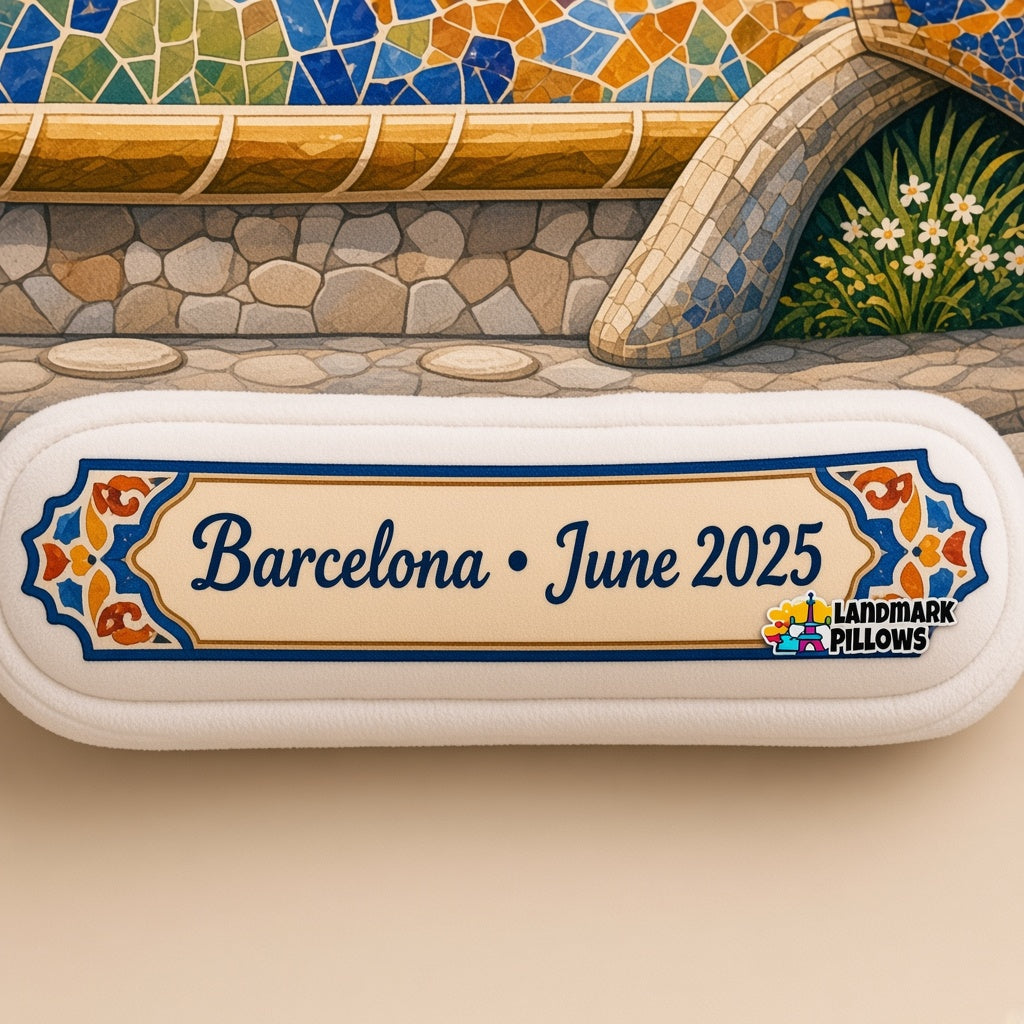 Park Güell Pillow â€” personalization plaque detail