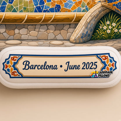 Park Güell Pillow â€” personalization plaque detail