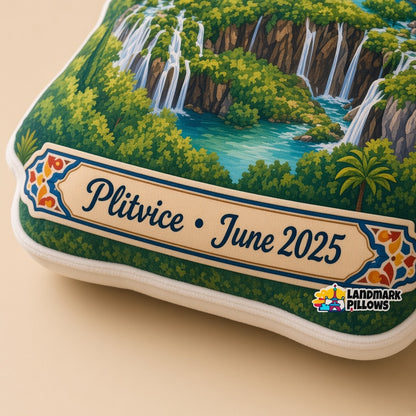 Plitvice Lakes Pillow â€” personalization plaque detail