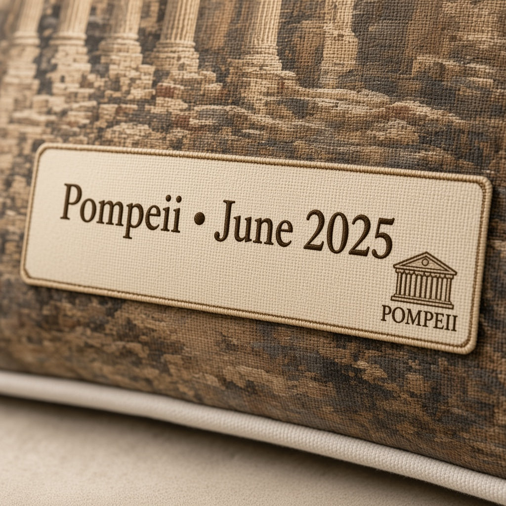 Pompeii Pillow — personalization plaque detail