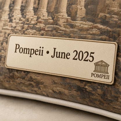 Pompeii Pillow — personalization plaque detail