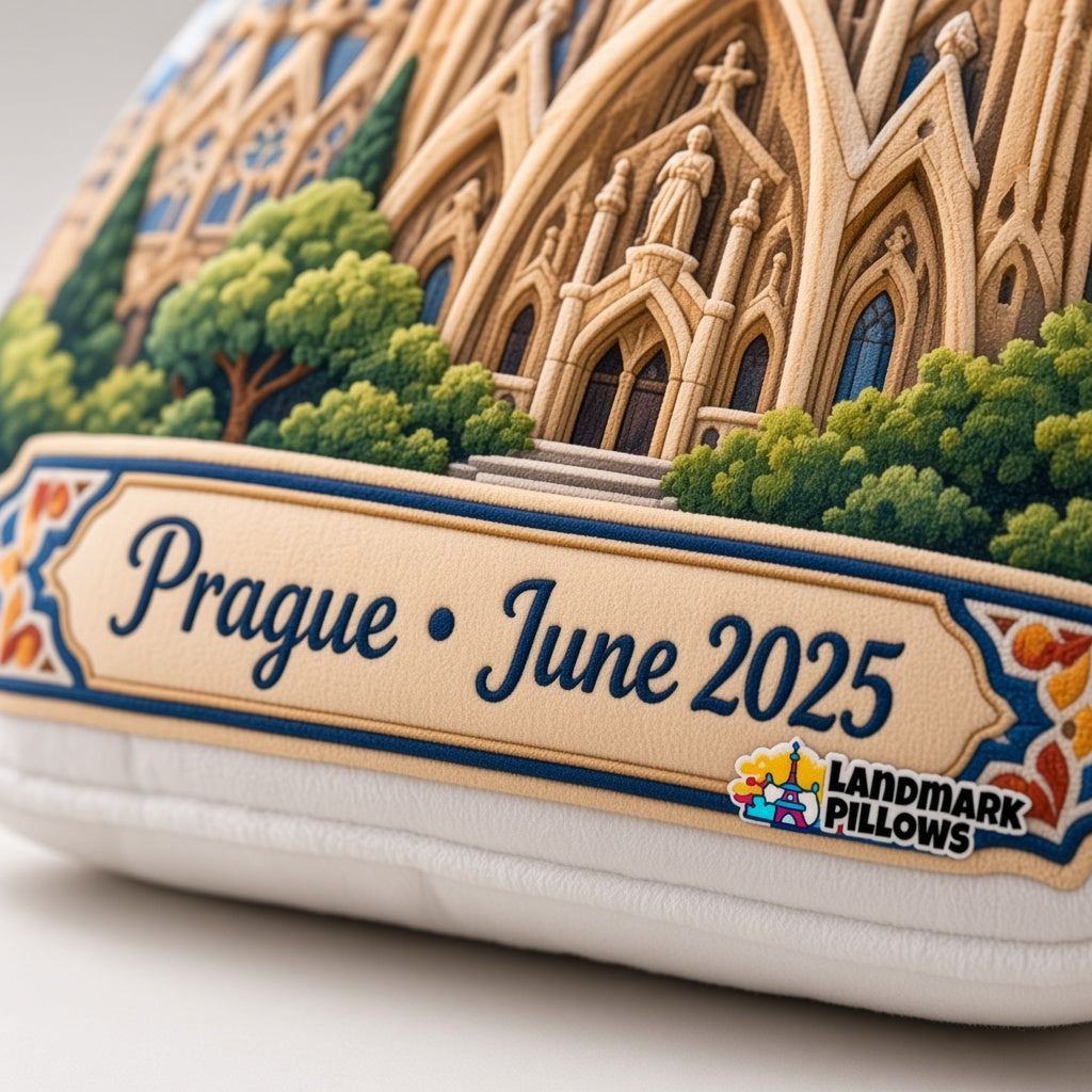 Prague Castle Pillow — personalization plaque detail