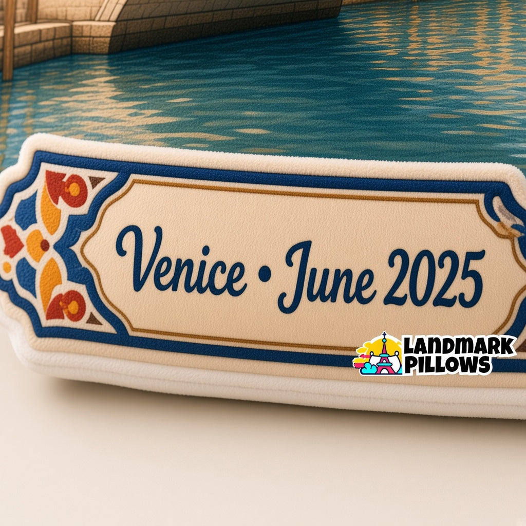 Rialto Bridge Pillow — personalization plaque detail