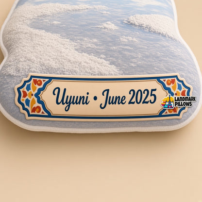 Salar de Uyuni Pillow â€” personalization plaque detail