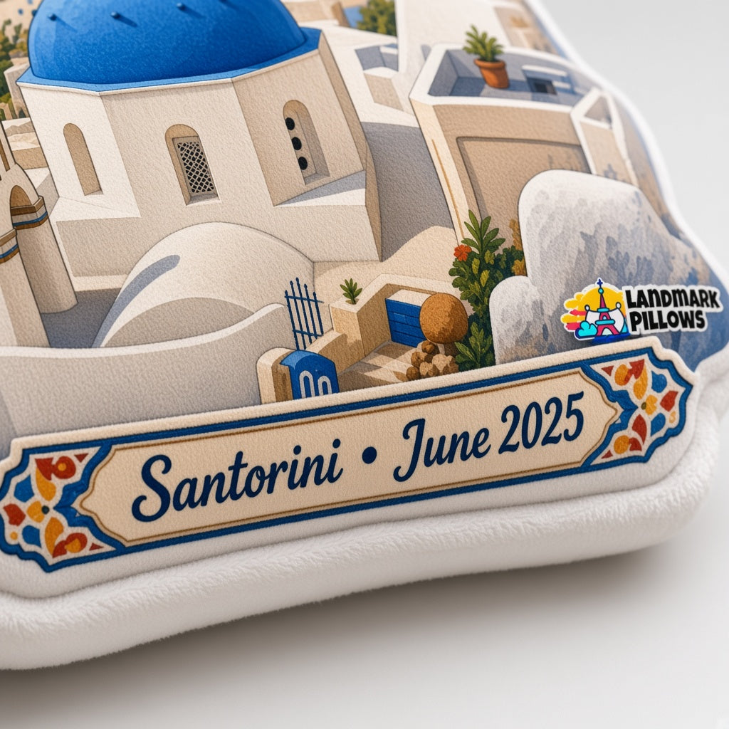Santorini Pillow — personalization plaque detail
