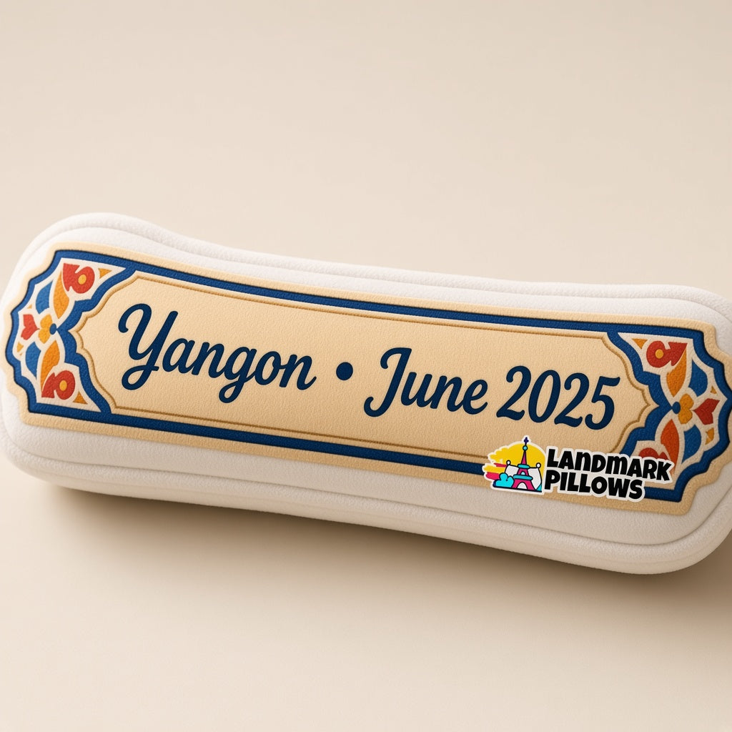 Shwedagon Pagoda Pillow — personalization plaque detail