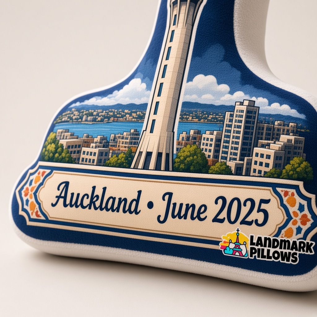 Close-up of the Auckland plaque on the Sky Tower pillow