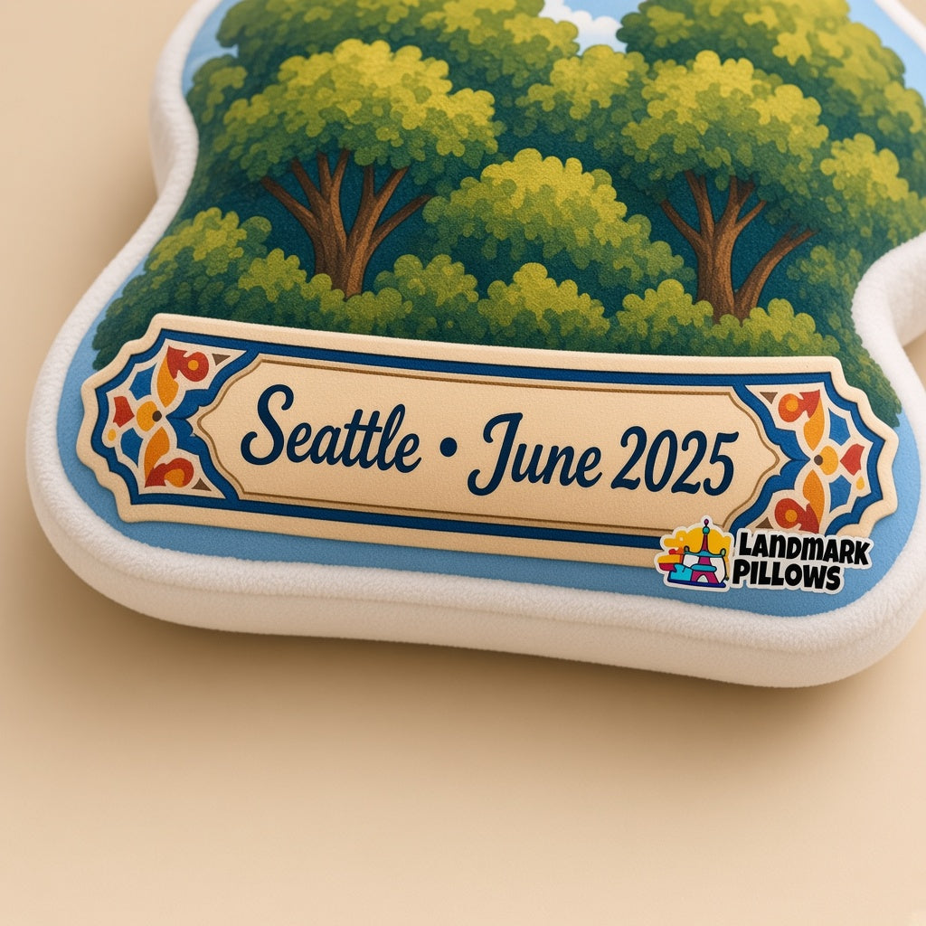 Space Needle Pillow â€” personalization plaque detail