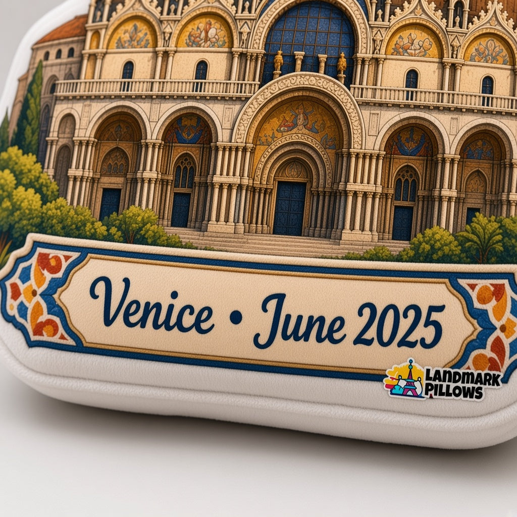 St. Mark's Basilica Pillow — personalization plaque detail