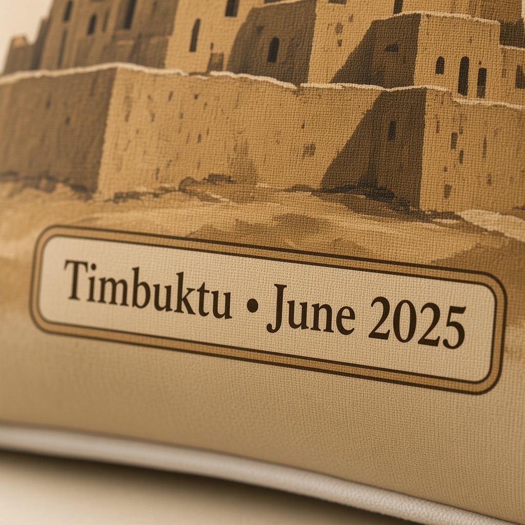 Timbuktu Pillow — personalization plaque detail