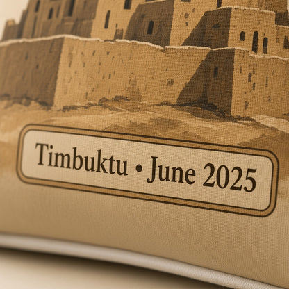 Timbuktu Pillow — personalization plaque detail