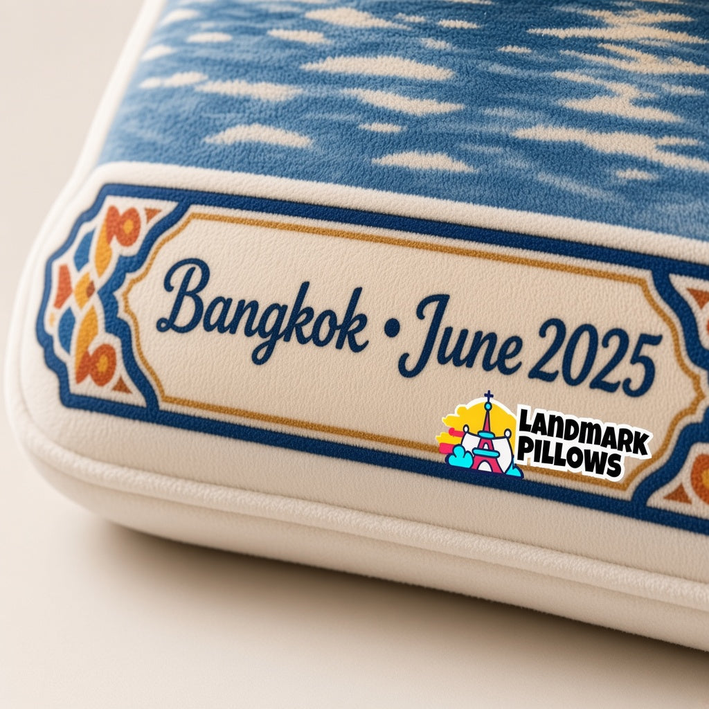 Wat Arun Pillow — personalization plaque detail