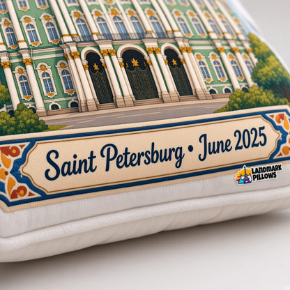 Winter Palace Pillow — personalization plaque detail