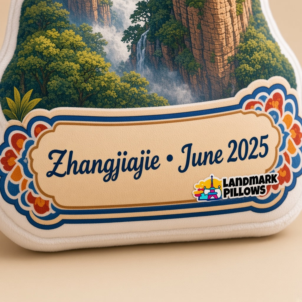 Zhangjiajie Pillow â€” personalization plaque detail