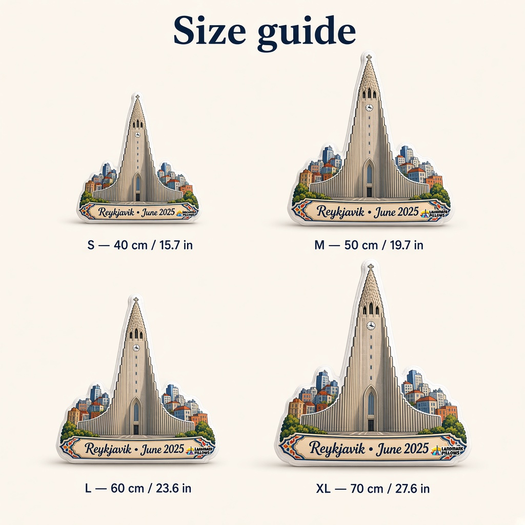 Hallgrímskirkja pillow size guide, S through XL