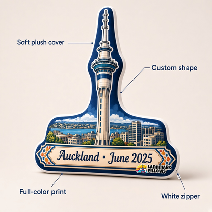 Sky Tower pillow features: soft plush cover, custom shape, full-color print, and white zipper