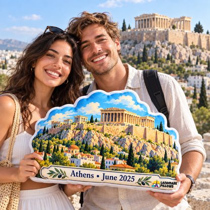 Travel couple holding the Acropolis of Athens Pillow in Athens