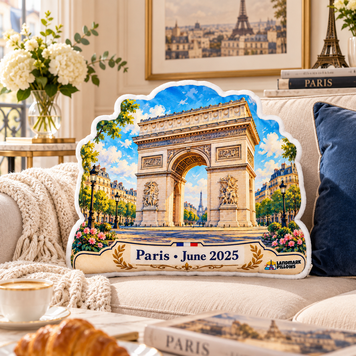 Arc de Triomphe Pillow in a cozy Paris-inspired home interior