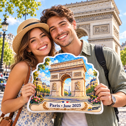 Travel couple holding the Arc de Triomphe Pillow in Paris