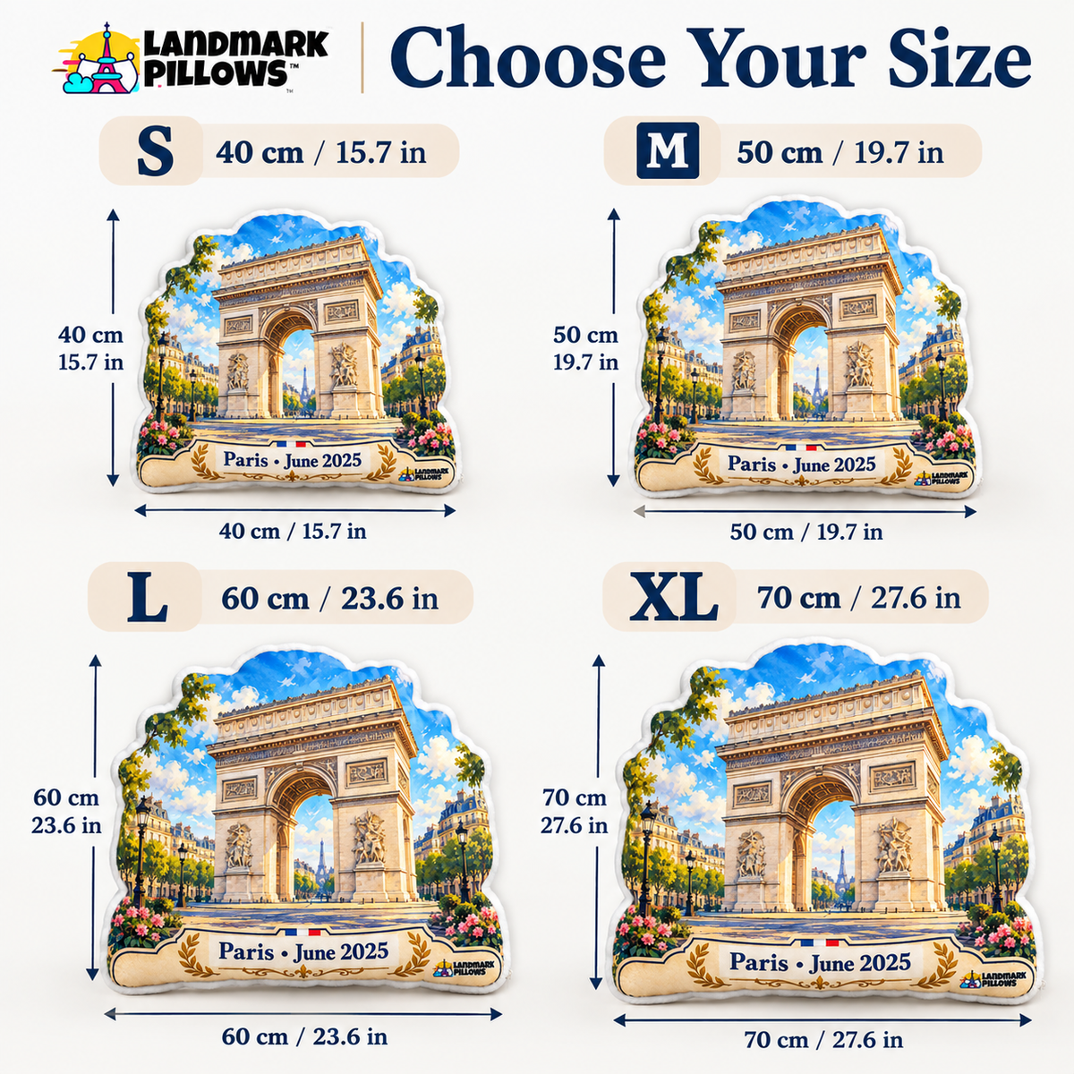 Arc de Triomphe Pillow size guide S M L XL