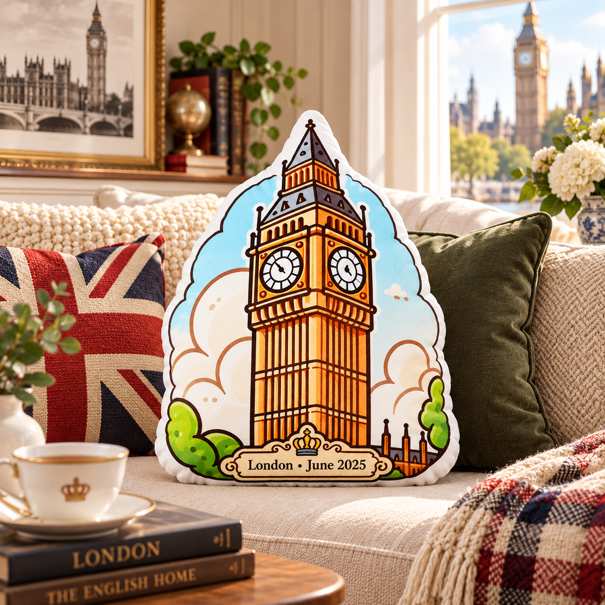 Big Ben pillow styled on a sofa in a cozy London-inspired living room