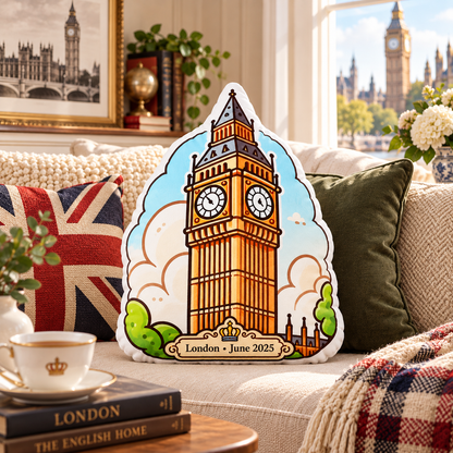 Big Ben pillow styled on a sofa in a cozy London-inspired living room