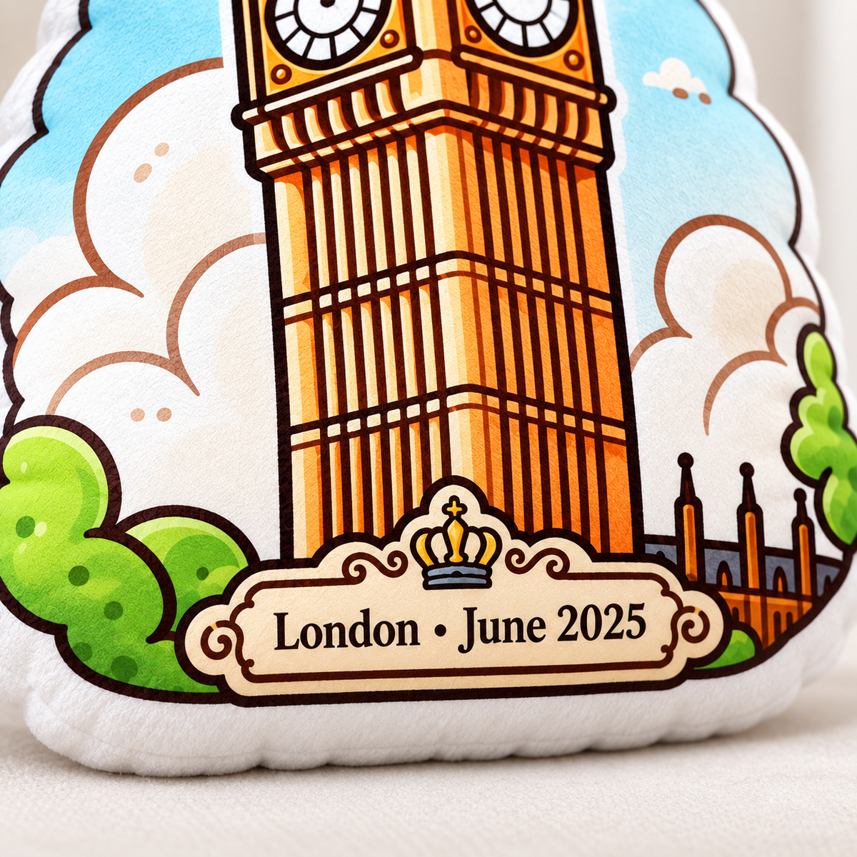 Close-up of Big Ben pillow personalized plaque reading London June 2025