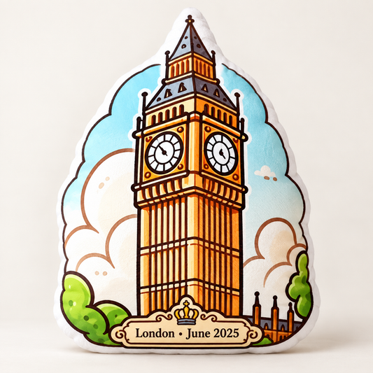 Personalized Big Ben shaped pillow with London June 2025 plaque