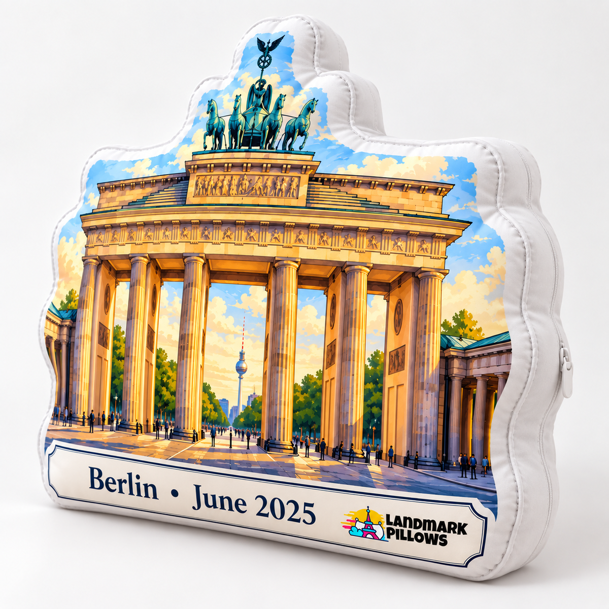 Three-quarter view of Brandenburg Gate pillow showing plush depth, stitching and white zipper