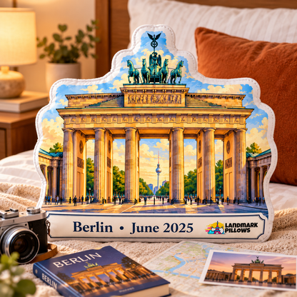 Brandenburg Gate pillow styled in a warm Berlin travel-memory bedroom setting