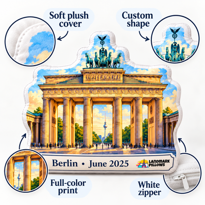 Brandenburg Gate pillow feature graphic highlighting soft plush cover, custom shape, full-color print and white zipper