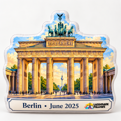 Brandenburg Gate custom-shaped pillow with Berlin June 2025 personalization plaque