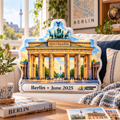 Brandenburg Gate pillow styled in a cozy Berlin travel-inspired living room