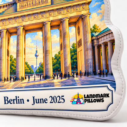 Close-up of Brandenburg Gate pillow personalization plaque reading Berlin June 2025 with Landmark Pillows logo